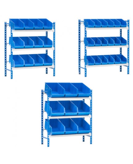 Rayonnage incliné pour picking avec 3 niveaux et 3 types de bacs à bec en plastique bleu Rayonnages picking 3 niveaux avec les 3 dimensions de boites à bec