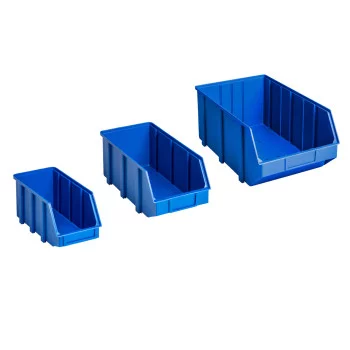 Rayonnage incliné pour picking avec 4 niveaux et 3 types de bacs à bec en plastique bleu