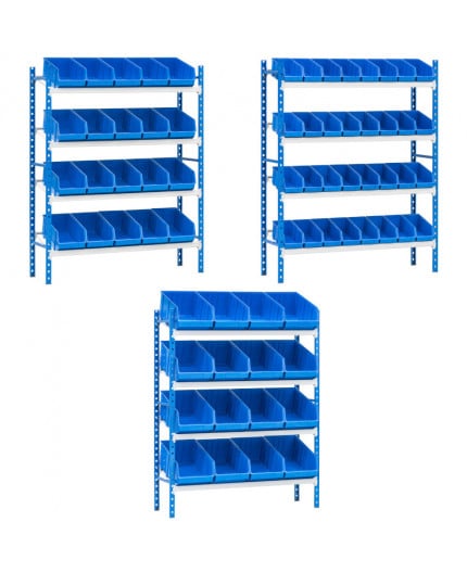 Rayonnage incliné pour picking avec 4 niveaux et 3 types de bacs à bec en plastique bleu Rayonnages picking 4 niveaux avec les 3 dimensions de boites