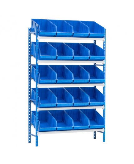 Rayonnage L 1250 incliné 5 tablettes + 20 bacs de 500 mm
