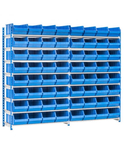 Kit étagère picking avec 32 bacs à bec plastique bleu de 500 x 300 x 210 mm Ensemble complet rayonnage picking atelier avec 32 bacs à bec plastique bleu de 500 x 300 x 210 mm départ + suivant