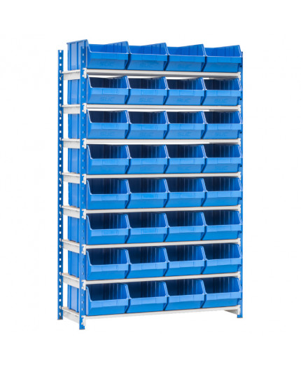 Ensemble complet rayonnage picking atelier avec 32 bacs à bec plastique bleu de 500 x 300 x 210 mm départ
