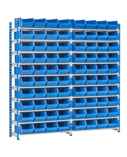 Kit complet rayonnage picking atelier avec 40 bacs à bec plastique bleu de 400 x 225 x 170 mm départ + suivant
