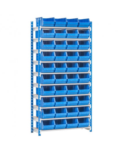 Kit complet rayonnage picking atelier avec 40 bacs à bec plastique bleu de 400 x 225 x 170 mm départ