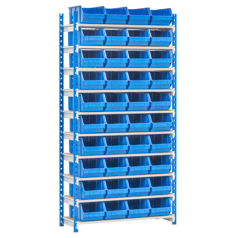 Kit complet rayonnage picking atelier avec 40 bacs à bec plastique bleu de 400 x 225 x 170 mm départ