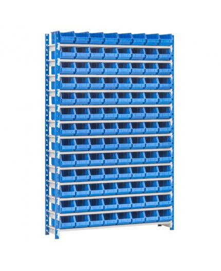 Pack complet rayonnage picking atelier avec 104 bacs à bec plastique bleu de 300 x 150 x 125 mm départ