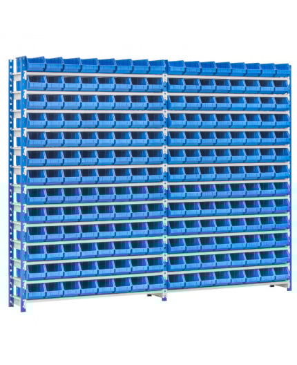 Pack rayonnage picking avec 104 bacs à bec plastique bleu de 300 x 150 x 125 mm Pack complet rayonnage picking atelier avec 104 bacs à bec plastique bleu de 300 x 150 x 125 mm départ + suivant