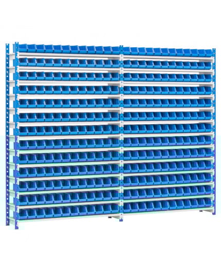 Kit rayonnage pour picking avec 156 bacs à bec plastique bleu de 200 x 100 x 100 mm Kit complet rayonnage picking atelier avec 156 bacs à bec plastique bleu de 200 x 100 x 100 mm départ + suivant
