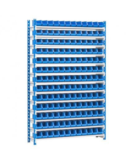 Kit complet rayonnage picking atelier avec 156 bacs à bec plastique bleu de 200 x 100 x 100 mm départ