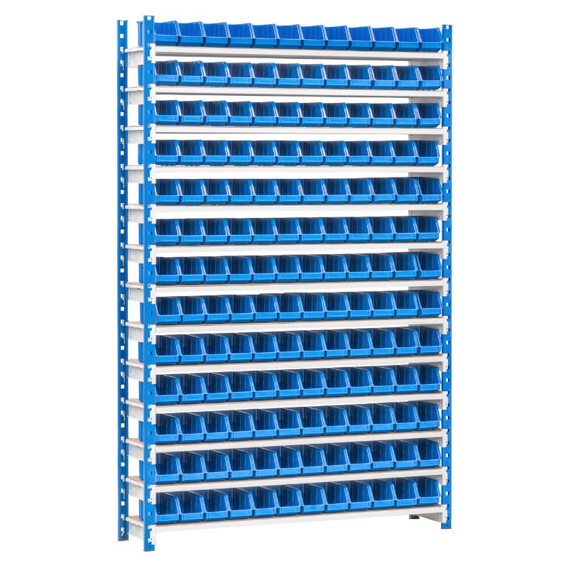 Kit complet rayonnage picking atelier avec 156 bacs à bec plastique bleu de 200 x 100 x 100 mm départ