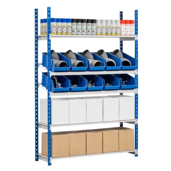 Rayonnage mixte incliné et droit pour picking avec 5 niveaux et 2 types de bacs à bec bleu